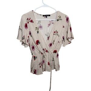 One Clothing Blouse Women's XS Striped Floral V-Neck Short Sleeve Tie Shirt